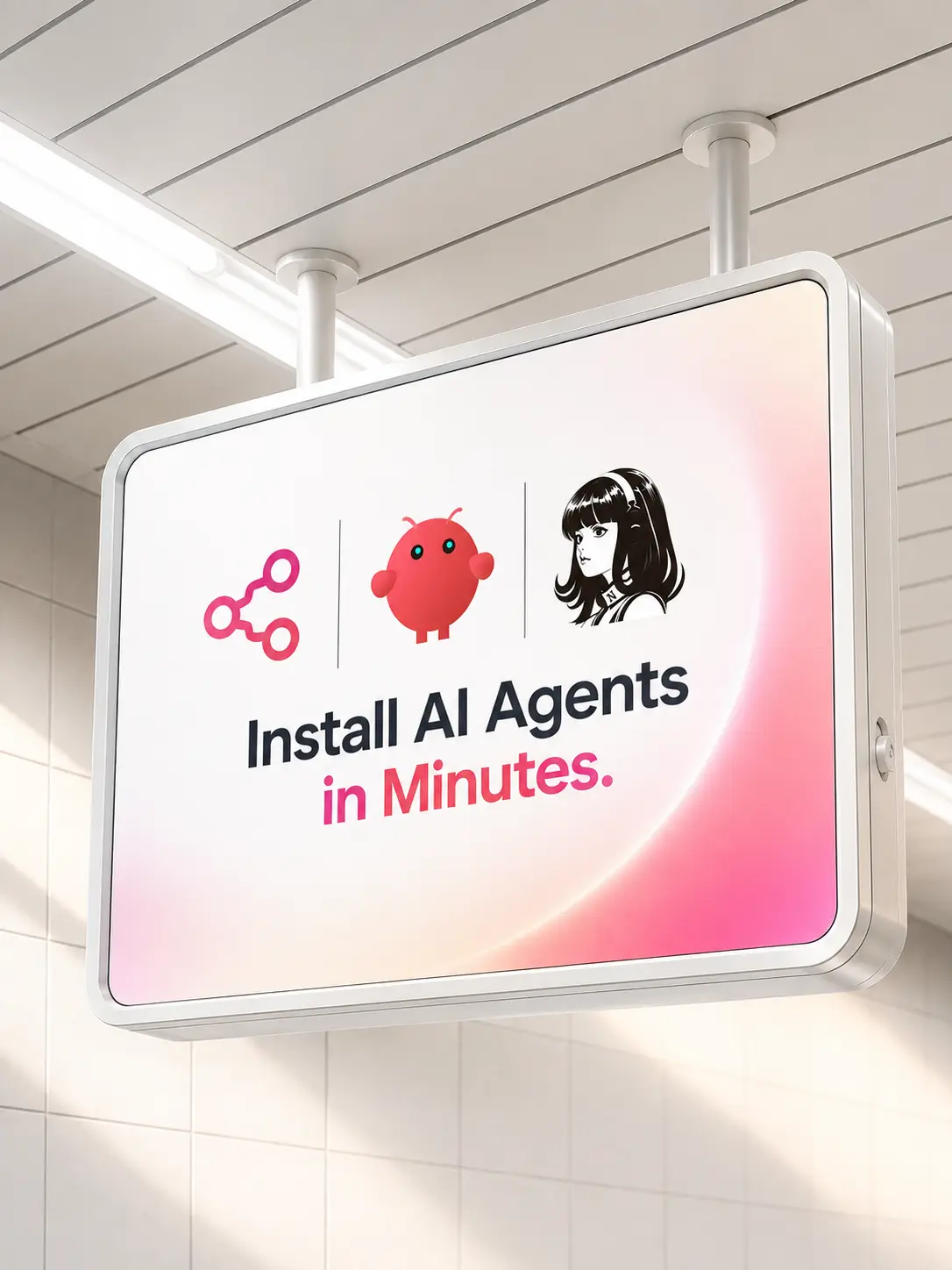 Daylit sign reading “Install AI Agents in Minutes” above the n8n, Flowise, and Open WebUI marks