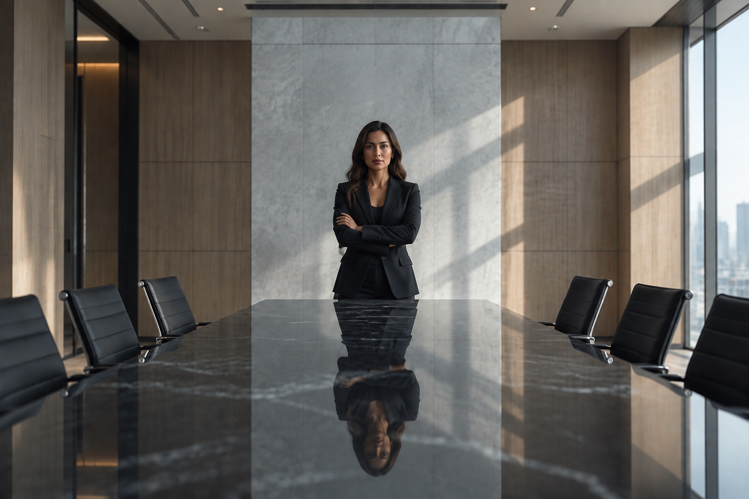 Maya R. standing in a modern boardroom